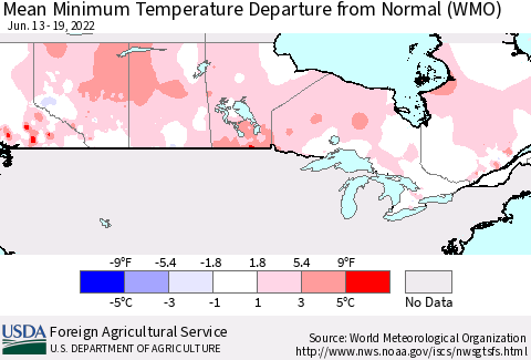 Canada Mean Minimum Temperature Departure from Normal (WMO) Thematic Map For 6/13/2022 - 6/19/2022