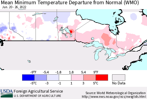 Canada Mean Minimum Temperature Departure from Normal (WMO) Thematic Map For 6/20/2022 - 6/26/2022