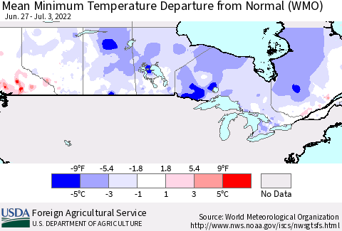 Canada Mean Minimum Temperature Departure from Normal (WMO) Thematic Map For 6/27/2022 - 7/3/2022