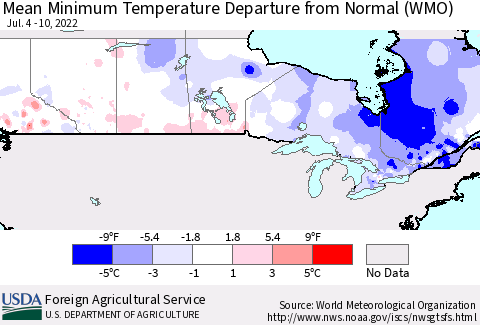 Canada Mean Minimum Temperature Departure from Normal (WMO) Thematic Map For 7/4/2022 - 7/10/2022