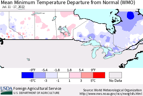 Canada Mean Minimum Temperature Departure from Normal (WMO) Thematic Map For 7/11/2022 - 7/17/2022