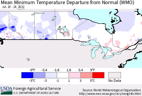 Canada Mean Minimum Temperature Departure from Normal (WMO) Thematic Map For 7/18/2022 - 7/24/2022