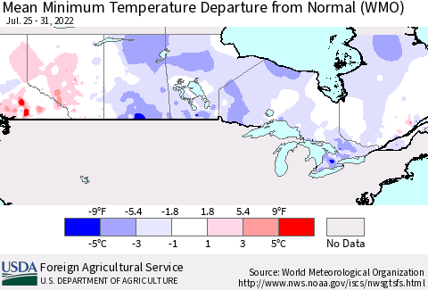 Canada Mean Minimum Temperature Departure from Normal (WMO) Thematic Map For 7/25/2022 - 7/31/2022