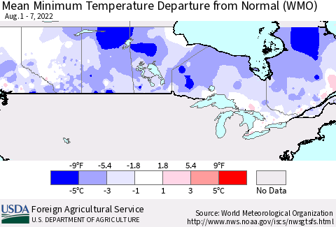 Canada Mean Minimum Temperature Departure from Normal (WMO) Thematic Map For 8/1/2022 - 8/7/2022