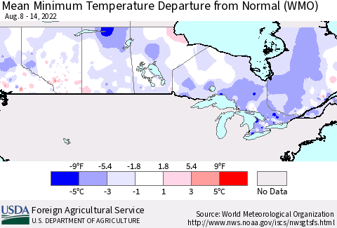Canada Mean Minimum Temperature Departure from Normal (WMO) Thematic Map For 8/8/2022 - 8/14/2022