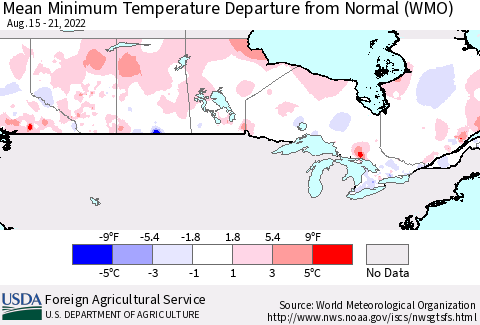 Canada Mean Minimum Temperature Departure from Normal (WMO) Thematic Map For 8/15/2022 - 8/21/2022