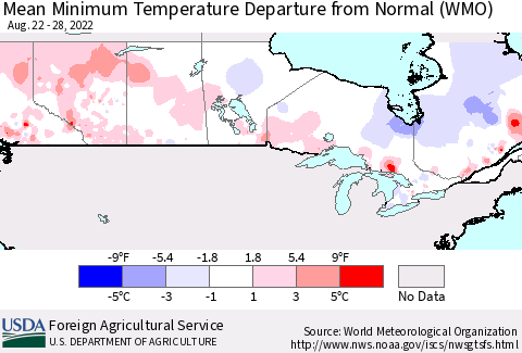 Canada Mean Minimum Temperature Departure from Normal (WMO) Thematic Map For 8/22/2022 - 8/28/2022