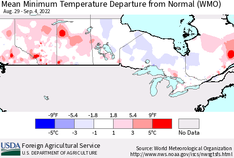 Canada Mean Minimum Temperature Departure from Normal (WMO) Thematic Map For 8/29/2022 - 9/4/2022