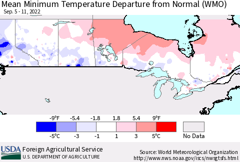 Canada Mean Minimum Temperature Departure from Normal (WMO) Thematic Map For 9/5/2022 - 9/11/2022
