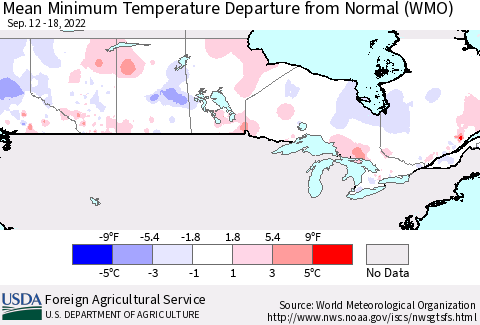 Canada Mean Minimum Temperature Departure from Normal (WMO) Thematic Map For 9/12/2022 - 9/18/2022