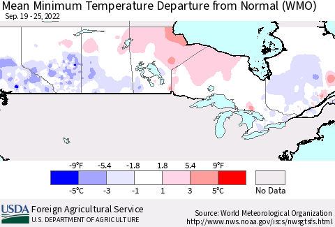 Canada Mean Minimum Temperature Departure from Normal (WMO) Thematic Map For 9/19/2022 - 9/25/2022