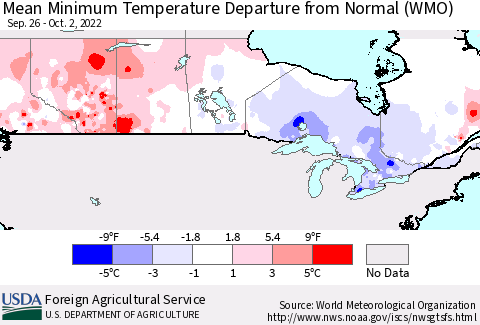 Canada Mean Minimum Temperature Departure from Normal (WMO) Thematic Map For 9/26/2022 - 10/2/2022