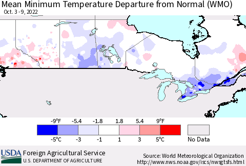 Canada Mean Minimum Temperature Departure from Normal (WMO) Thematic Map For 10/3/2022 - 10/9/2022