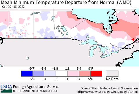 Canada Mean Minimum Temperature Departure from Normal (WMO) Thematic Map For 10/10/2022 - 10/16/2022