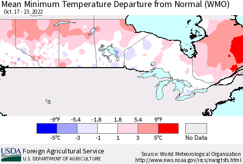 Canada Mean Minimum Temperature Departure from Normal (WMO) Thematic Map For 10/17/2022 - 10/23/2022