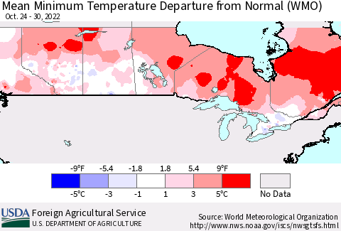 Canada Mean Minimum Temperature Departure from Normal (WMO) Thematic Map For 10/24/2022 - 10/30/2022