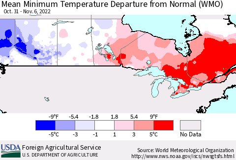 Canada Mean Minimum Temperature Departure from Normal (WMO) Thematic Map For 10/31/2022 - 11/6/2022