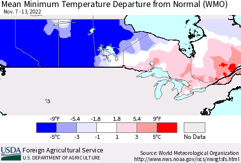 Canada Mean Minimum Temperature Departure from Normal (WMO) Thematic Map For 11/7/2022 - 11/13/2022