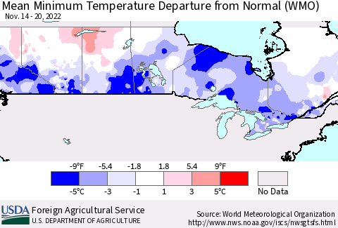 Canada Mean Minimum Temperature Departure from Normal (WMO) Thematic Map For 11/14/2022 - 11/20/2022