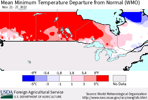 Canada Mean Minimum Temperature Departure from Normal (WMO) Thematic Map For 11/21/2022 - 11/27/2022