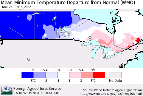 Canada Mean Minimum Temperature Departure from Normal (WMO) Thematic Map For 11/28/2022 - 12/4/2022