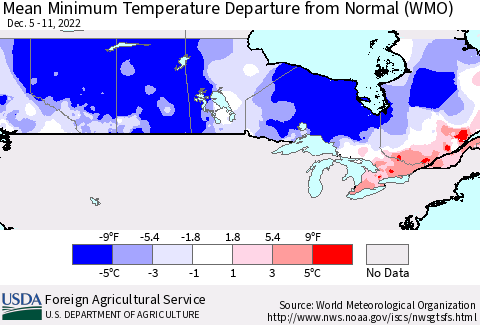Canada Mean Minimum Temperature Departure from Normal (WMO) Thematic Map For 12/5/2022 - 12/11/2022