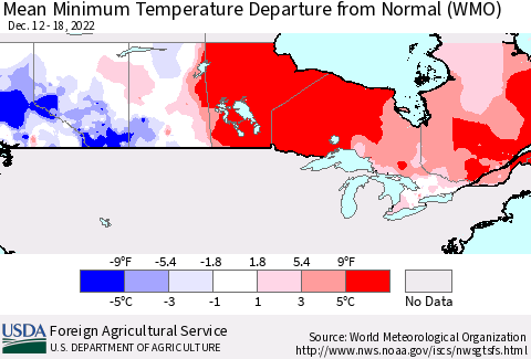 Canada Mean Minimum Temperature Departure from Normal (WMO) Thematic Map For 12/12/2022 - 12/18/2022