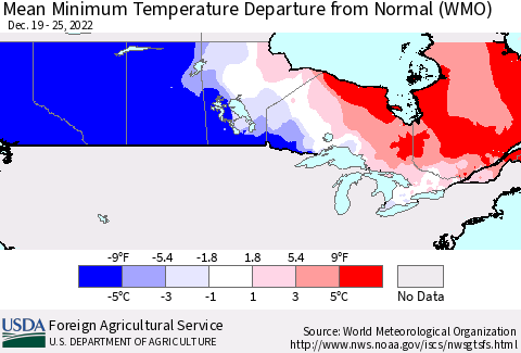 Canada Mean Minimum Temperature Departure from Normal (WMO) Thematic Map For 12/19/2022 - 12/25/2022