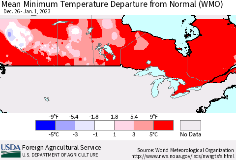 Canada Mean Minimum Temperature Departure from Normal (WMO) Thematic Map For 12/26/2022 - 1/1/2023