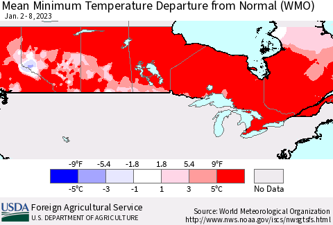 Canada Mean Minimum Temperature Departure from Normal (WMO) Thematic Map For 1/2/2023 - 1/8/2023