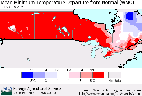 Canada Mean Minimum Temperature Departure from Normal (WMO) Thematic Map For 1/9/2023 - 1/15/2023