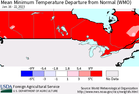 Canada Mean Minimum Temperature Departure from Normal (WMO) Thematic Map For 1/16/2023 - 1/22/2023