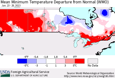 Canada Mean Minimum Temperature Departure from Normal (WMO) Thematic Map For 1/23/2023 - 1/29/2023