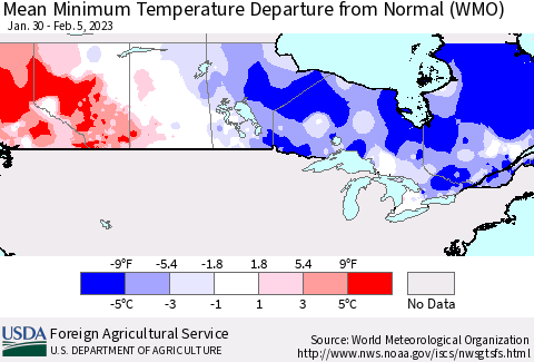 Canada Mean Minimum Temperature Departure from Normal (WMO) Thematic Map For 1/30/2023 - 2/5/2023