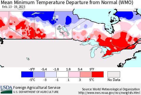 Canada Mean Minimum Temperature Departure from Normal (WMO) Thematic Map For 2/13/2023 - 2/19/2023