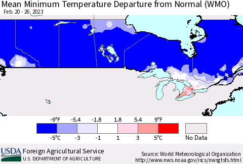 Canada Mean Minimum Temperature Departure from Normal (WMO) Thematic Map For 2/20/2023 - 2/26/2023