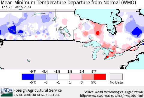 Canada Mean Minimum Temperature Departure from Normal (WMO) Thematic Map For 2/27/2023 - 3/5/2023