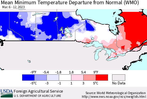 Canada Mean Minimum Temperature Departure from Normal (WMO) Thematic Map For 3/6/2023 - 3/12/2023