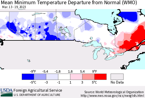 Canada Mean Minimum Temperature Departure from Normal (WMO) Thematic Map For 3/13/2023 - 3/19/2023