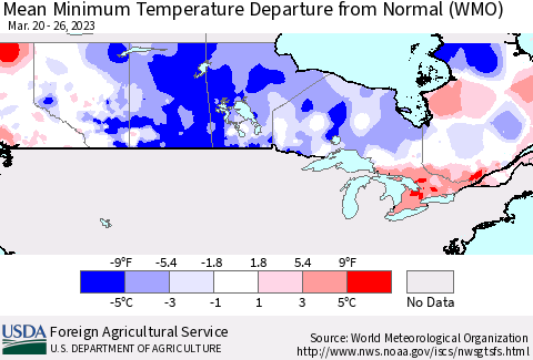 Canada Mean Minimum Temperature Departure from Normal (WMO) Thematic Map For 3/20/2023 - 3/26/2023