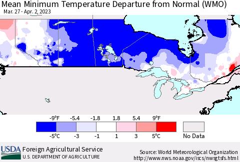 Canada Mean Minimum Temperature Departure from Normal (WMO) Thematic Map For 3/27/2023 - 4/2/2023