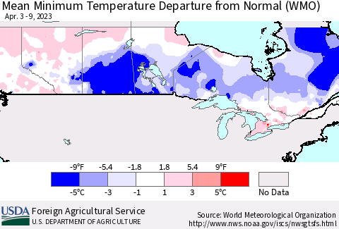 Canada Mean Minimum Temperature Departure from Normal (WMO) Thematic Map For 4/3/2023 - 4/9/2023