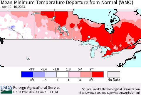 Canada Mean Minimum Temperature Departure from Normal (WMO) Thematic Map For 4/10/2023 - 4/16/2023