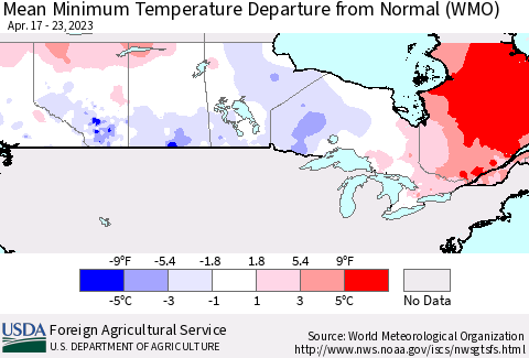 Canada Mean Minimum Temperature Departure from Normal (WMO) Thematic Map For 4/17/2023 - 4/23/2023