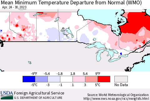 Canada Mean Minimum Temperature Departure from Normal (WMO) Thematic Map For 4/24/2023 - 4/30/2023