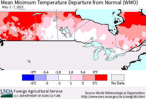 Canada Mean Minimum Temperature Departure from Normal (WMO) Thematic Map For 5/1/2023 - 5/7/2023