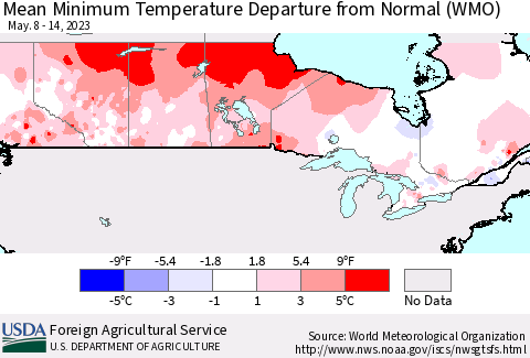 Canada Mean Minimum Temperature Departure from Normal (WMO) Thematic Map For 5/8/2023 - 5/14/2023