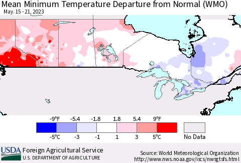 Canada Mean Minimum Temperature Departure from Normal (WMO) Thematic Map For 5/15/2023 - 5/21/2023