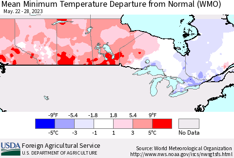Canada Mean Minimum Temperature Departure from Normal (WMO) Thematic Map For 5/22/2023 - 5/28/2023