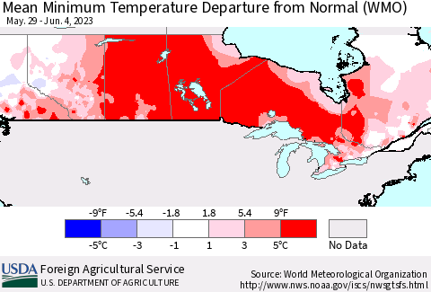 Canada Mean Minimum Temperature Departure from Normal (WMO) Thematic Map For 5/29/2023 - 6/4/2023